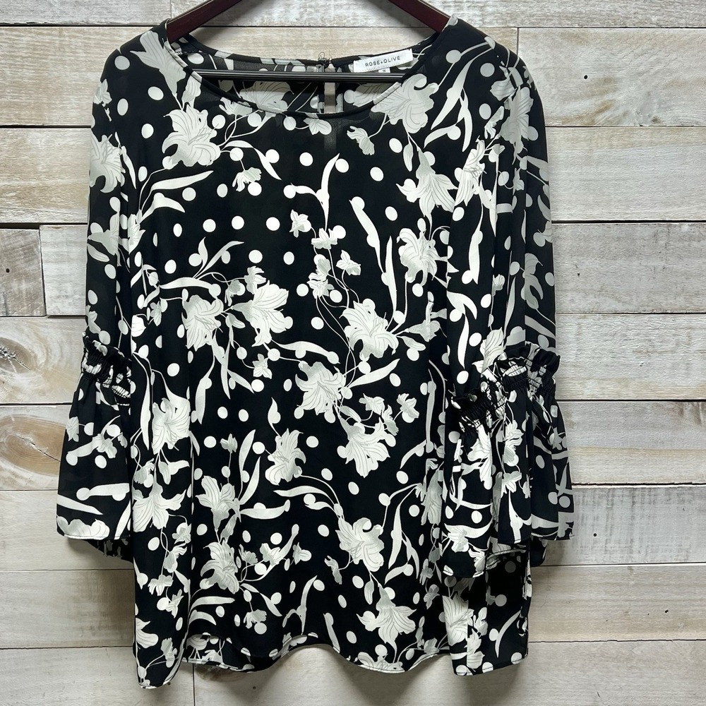 Rose Olive Top Womens 1X Black White Floral Dot Long Sleeve Tunic Blouse Keyhole